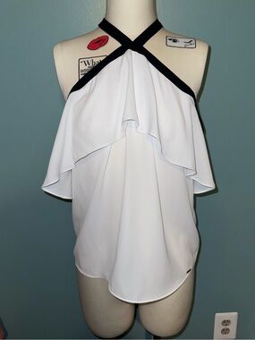 NWT BEBE White Halter Ruffle Top with Black Trim Size Small